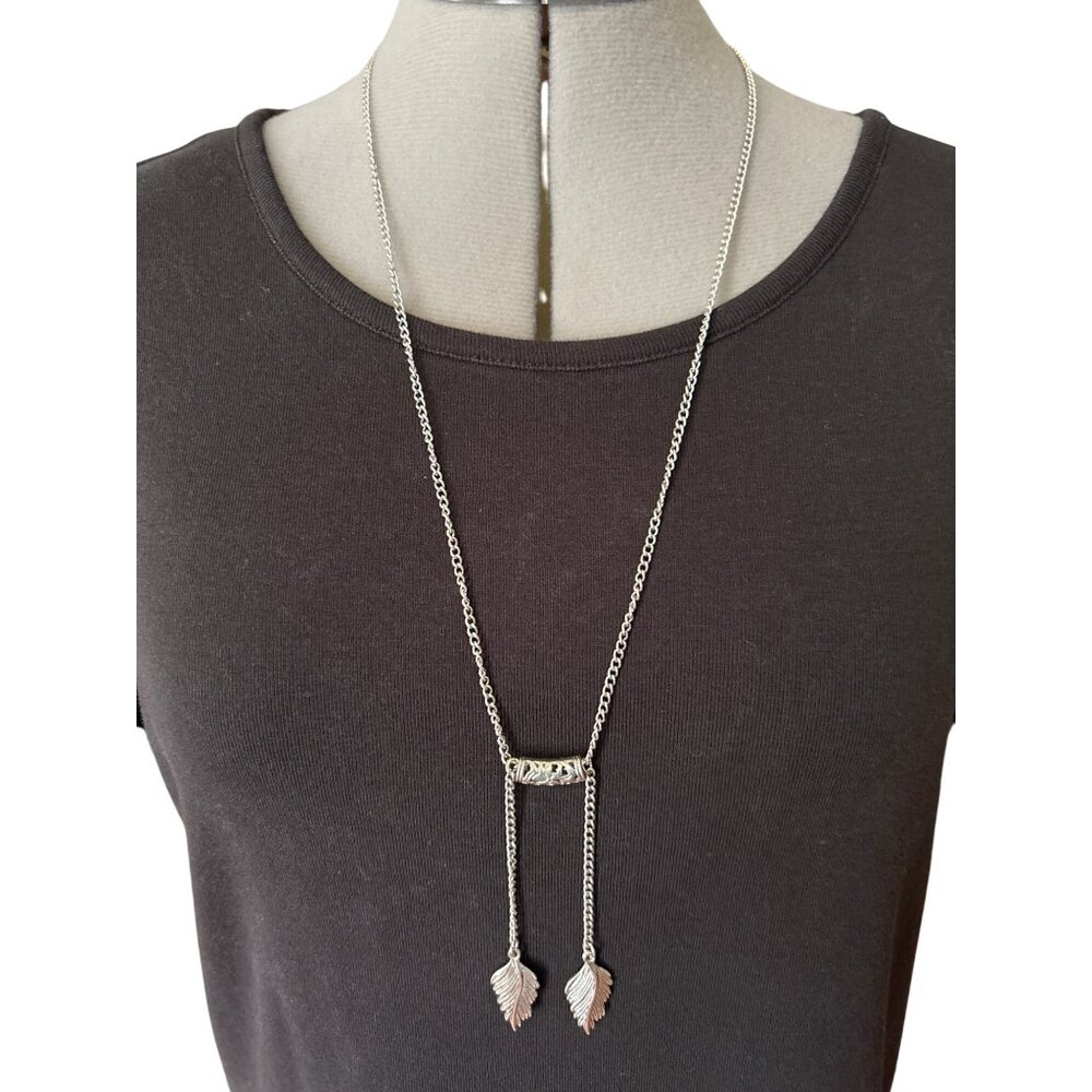 Silver-Tone Leaf Pendant Necklace With Long Chain & Lobster Clasp